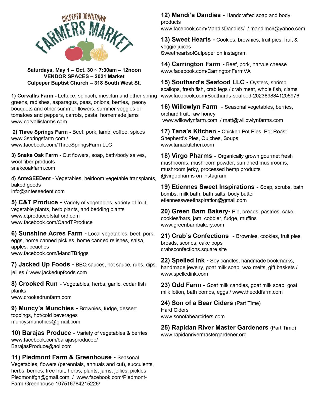 farmers market vendors list